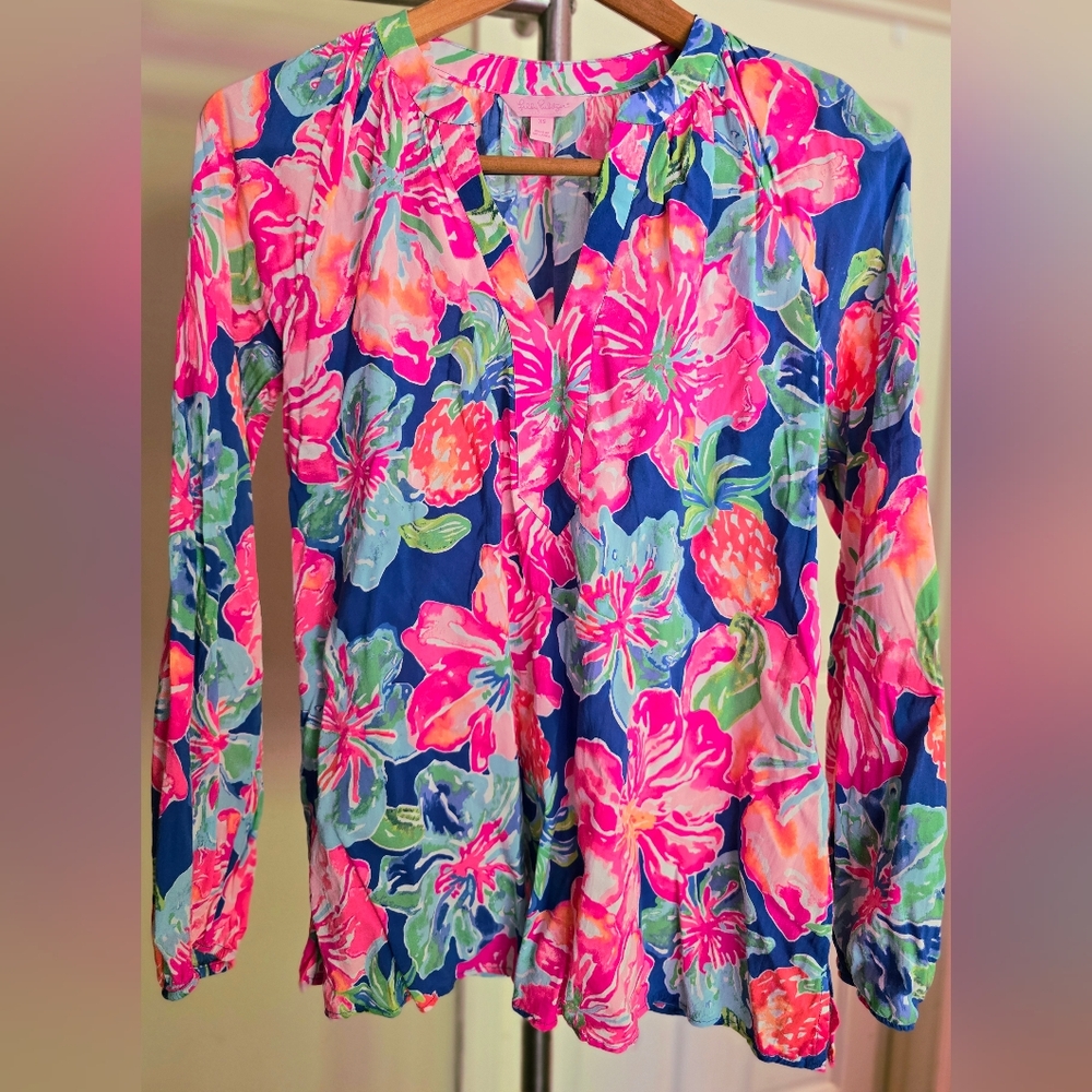 Lilly Pulitzer XS Floral Silk Blouse Bright Pink Long Sleeve